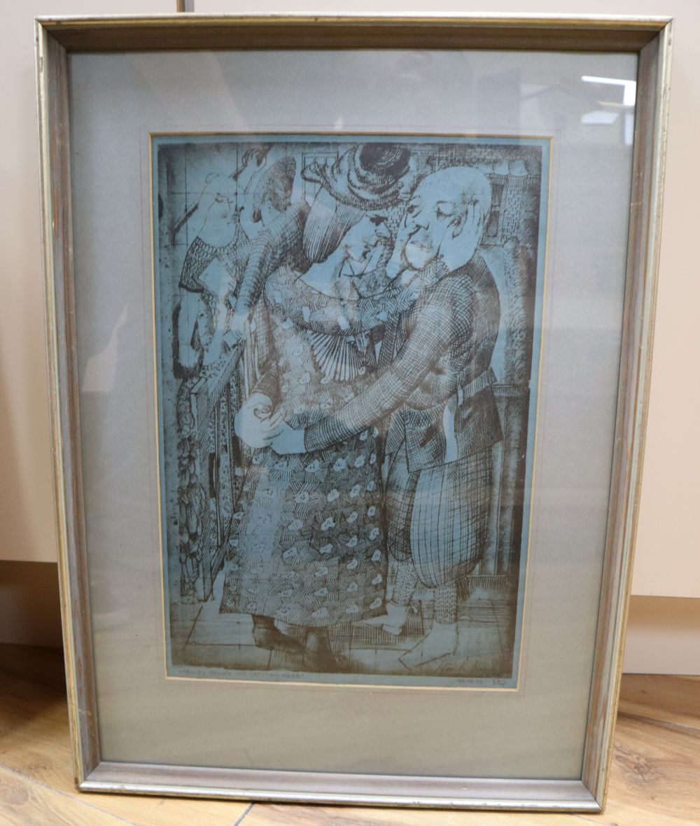 Stanley Spencer, monochrome print, Me Greeting Hilda, inscribed in pencil, 52/75, 41.5 x 28cm